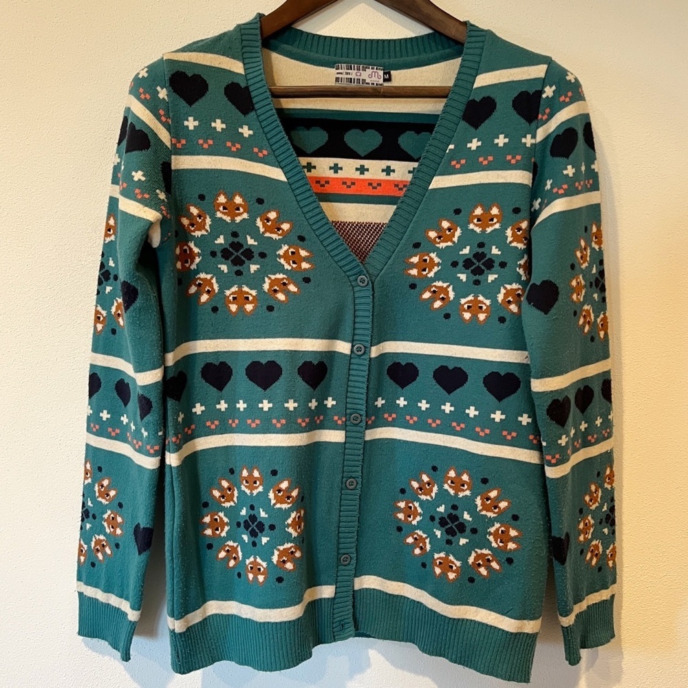 Emme Fox Heart Striped Grannycore Cardigan Sweater